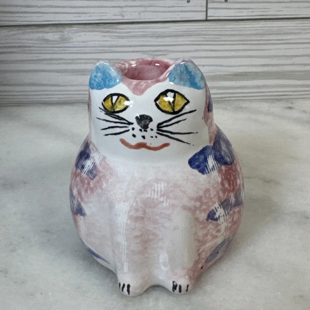 ITALIAN Cat Figurine Candle Holder For Pier 1 Pink Kitty
